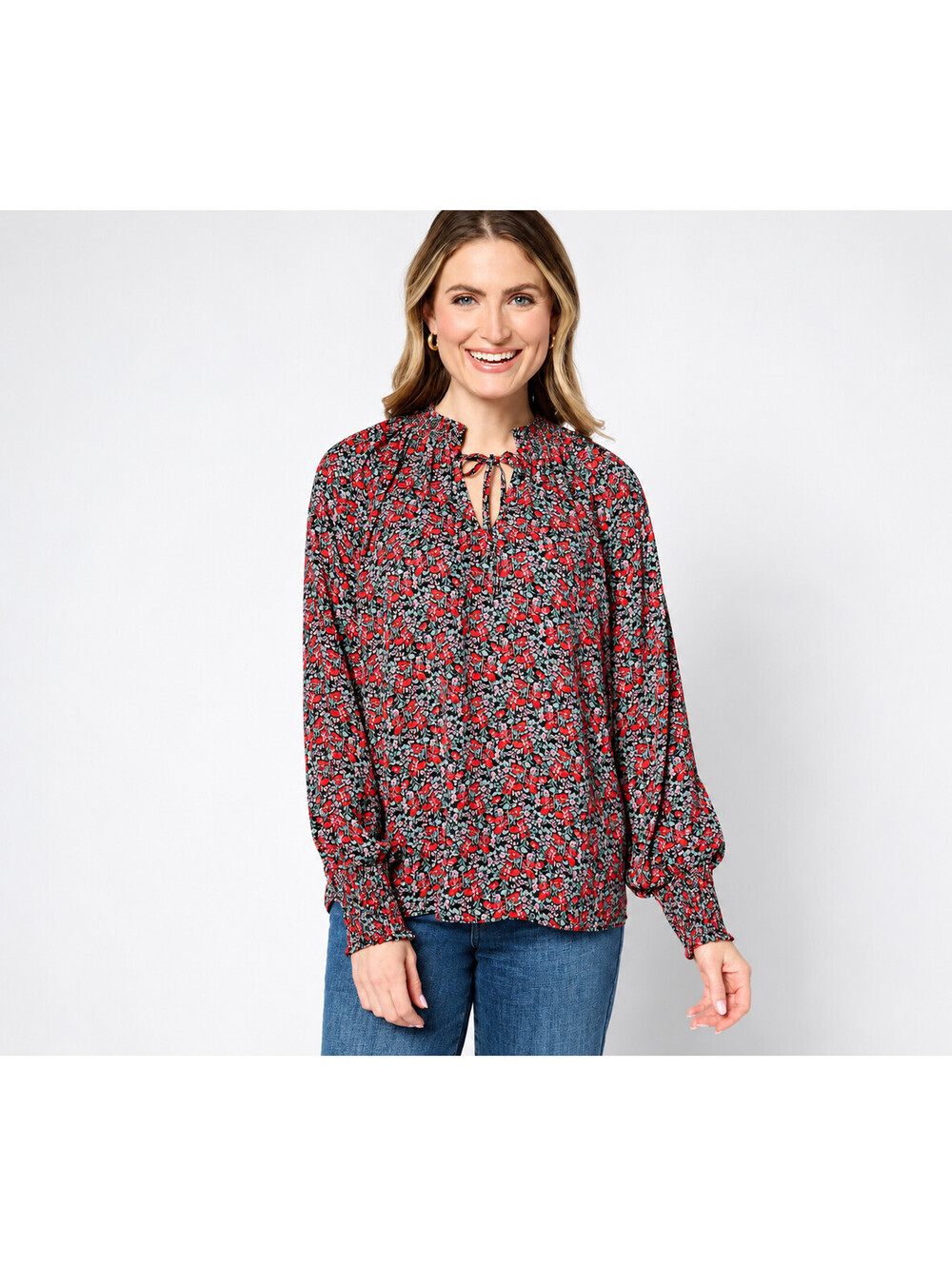 NYDJ Gemma Pleated Front Pullover Long Sleeve Blouse Los Rosales, Size Medium